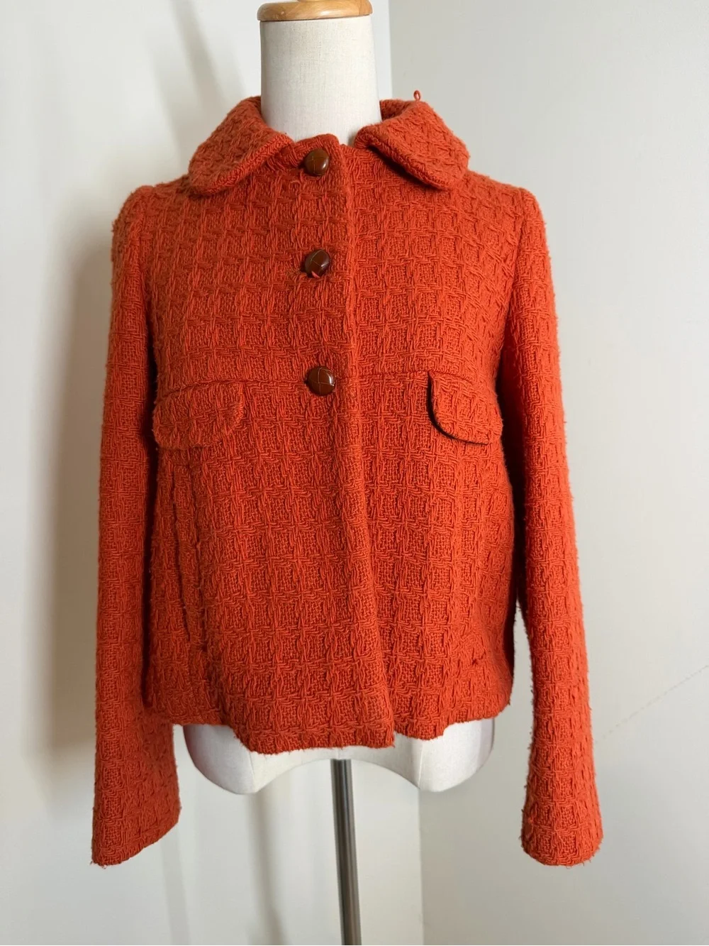 Zara Basic Women’s Burnt Orange -SZ S- Cropped Tweed-Wool Blend Textured Jacket